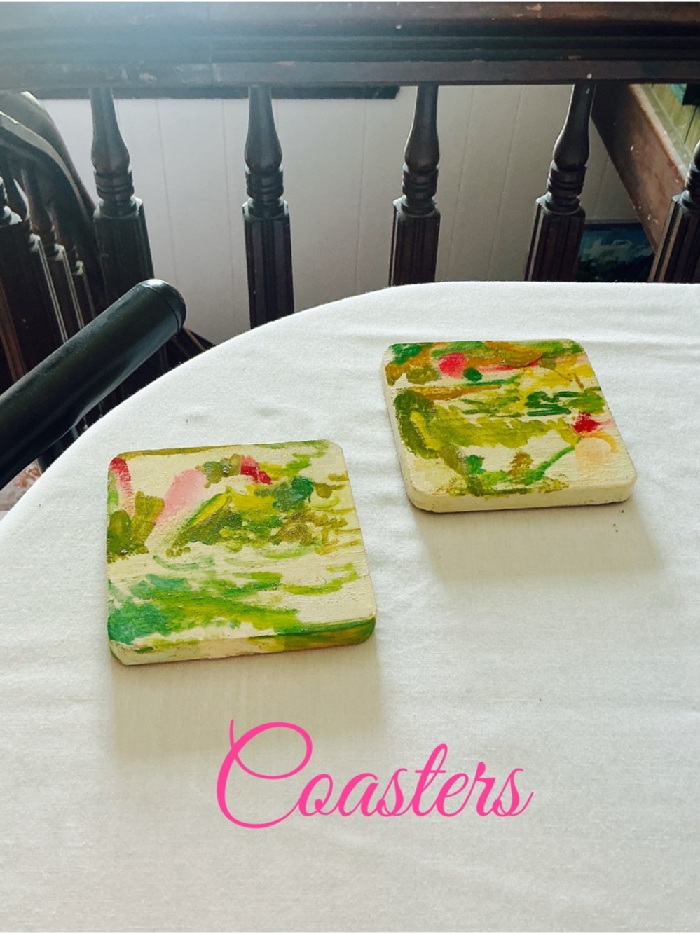 Hand-Painted Abstract Square Coasters - Green & Pink